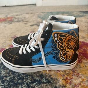 VANS Dia de Los Muertos Black and Blue High-Top Sneakers with Butterfly 8.5W/7M